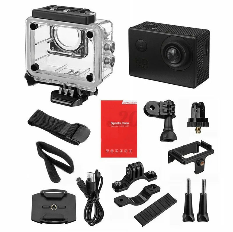 sports action camera with case and all components